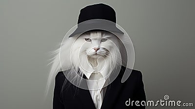 Whimsical White Cat: A Stylish Portrait In Tanbi Kei Fashion Stock Photo