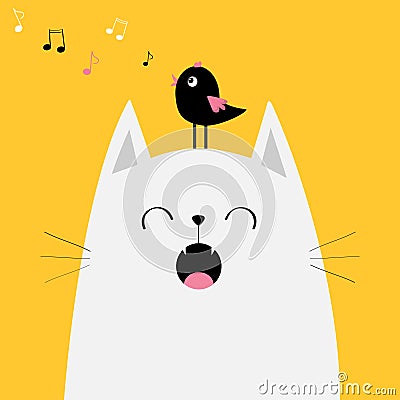 White cat face silhouette Bird on head. Meowing singing song. Music note flying. Cute cartoon funny character. Kawaii animal. Baby Vector Illustration