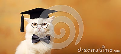 White Cat in Graduation Hat and Glasses Stock Photo