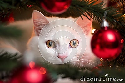 White cat hiding in Christmas tree between red baubles Stock Photo