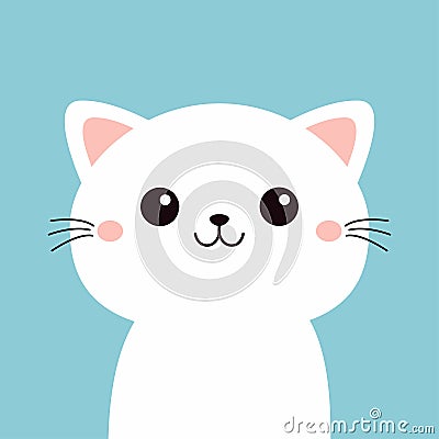 White cat kitten, kitty. Cartoon kawaii funny smiling baby character. Cute face head. Kids collection. Sticker print. Meow. Flat Vector Illustration