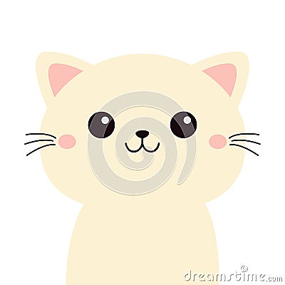 White cat kitten, kitty. Cute face head. Cartoon kawaii funny smiling baby character. Kids collection. Sticker print. Meow. Flat Vector Illustration