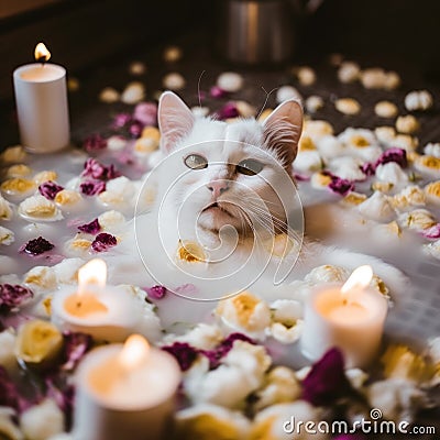 A white cat laying in a bath filled with flowers and candles. AI generative image. Stock Photo