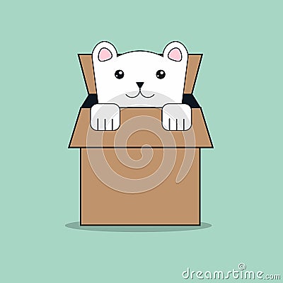 White cat in opened box Cat inside opened cardboard package box. vector illustration cat concept Vector Illustration