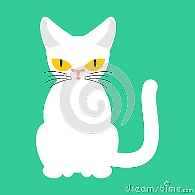 White Cat . Pet on green background Vector Illustration