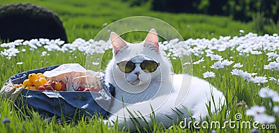 White cat with sunglasses relaxing on a picnic on grass fields with spring flowers. Generative AI Stock Photo