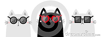 White cat wearing sunglasses eyeglasses. Round, heart square shape sunglass set. Blue black red lenses. Cute cartoon kawaii funny Vector Illustration
