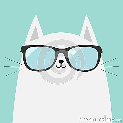 White cat wearing sunglasses eyeglasses. Shining lenses. Cute cartoon funny character. Kitten in eyeglasses. Fashion animal. Blue Vector Illustration