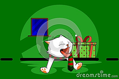 A white cat is yawning with a present beside and green background. Vector Illustrator Vector Illustration