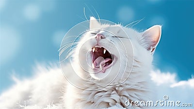 The white cat yawns with his mouth open on a blue background. Generative AI Stock Photo