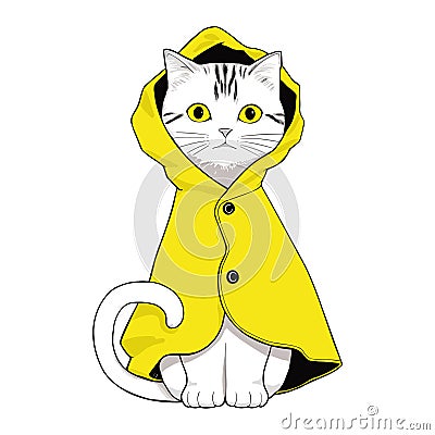 White cat in yellow raincoat Vector Illustration