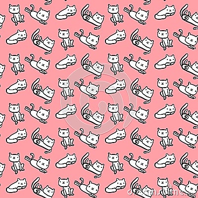 White cats on pink font hand drawn seamless pattern Vector Illustration