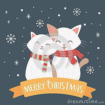 White cats with scarf snowflakes celebration merry christmas poster Vector Illustration