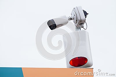 White CCTV cameras on the street, security in the city. covert shooting of what is happening. modern technologies and equipment Stock Photo