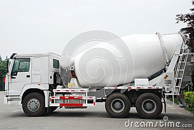 White Cement Mixer Truck Stock Photo