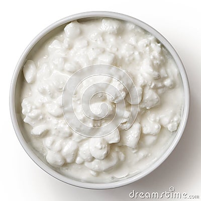 White ceramic bowl of chunky cottage cheese isolated on white fr Stock Photo