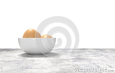 White ceramic bowl ful of eggs. Placed on concrete table. Stock Photo