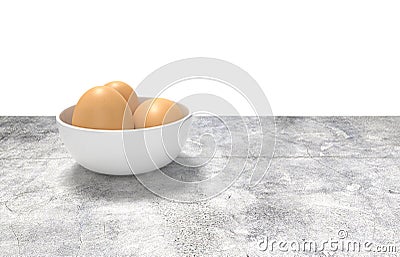 White ceramic bowl ful of eggs. Placed on concrete table. Stock Photo