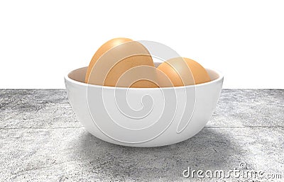 White ceramic bowl ful of eggs. Placed on concrete table. Stock Photo