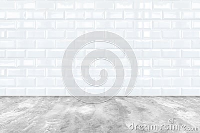 White Ceramic brick tile wall and cement floor Stock Photo