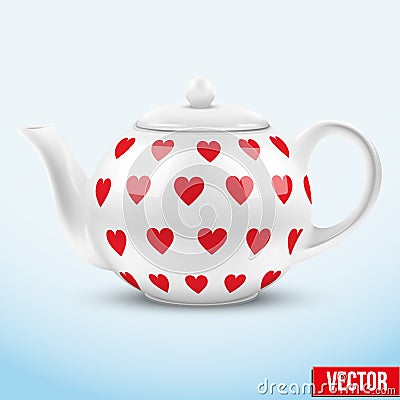 White ceramic teapot with hearts texture. Vector Vector Illustration
