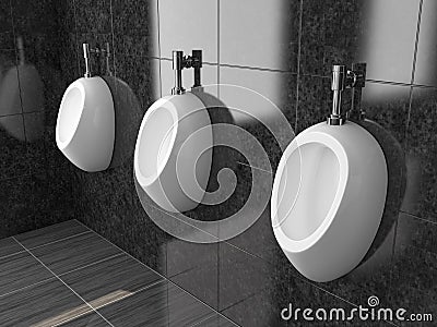 White ceramic urinals. On black tiles background. Public toilet. 3d rendering illustration Cartoon Illustration