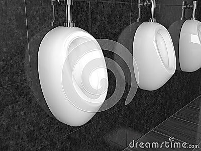 White ceramic urinals. On black tiles background. Public toilet Cartoon Illustration