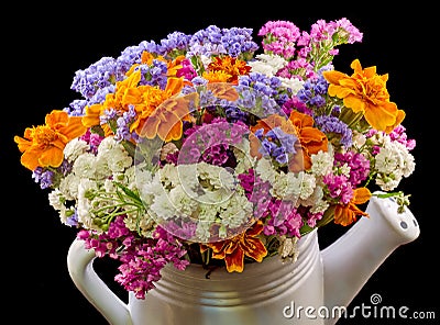 White ceramic watercan, sprinkler, with vivid colored flowers, orange tagetes, purple wild flowers, close up Stock Photo