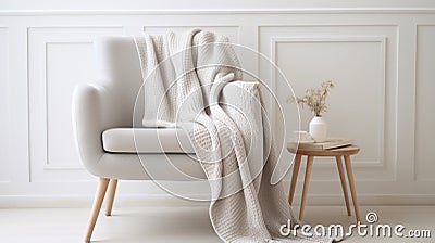 A white chair with a blanket and small table, AI Stock Photo