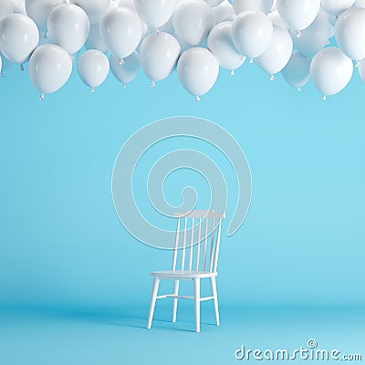 White chair with floating white balloons in blue background room studio. Stock Photo