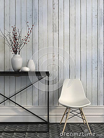 White chair and metal table against the wall of white boards Stock Photo