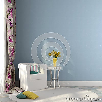 White chair and a table with tulips Stock Photo