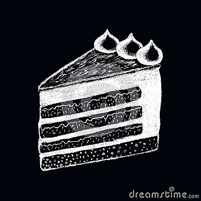 White chalk cake piece drawing on blackboard. Sweet pie piece doodle illustration. Cartoon Illustration