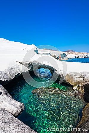 White chalk cliffs in Sarakiniko, Milos island, Cyclades. Editorial Stock Photo