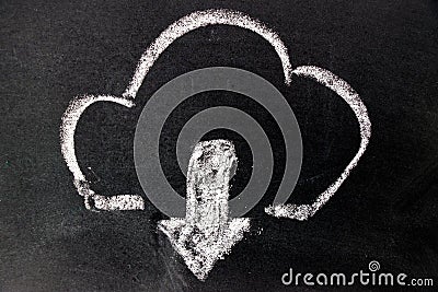 White chalk drawing as cloud and down arrow icon on black board Stock Photo