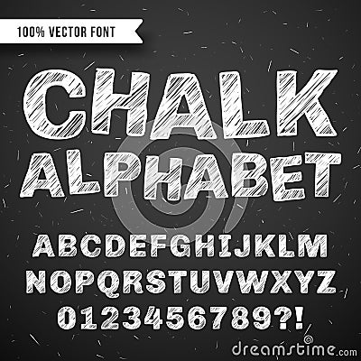 White chalk hand drawing vector alphabet, school font isolated on blackboard Vector Illustration