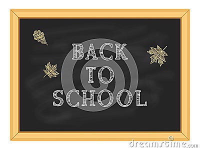 White chalk inscription Back to school and yellow autumn foliage on a blackboard in a wooden frame Vector Illustration