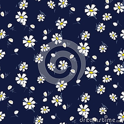 White chamomile flowers seamless vector blue pattern. Vector Illustration