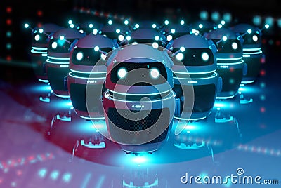 White chatbot robot leading robots group on dark bluish reddish background 3D rendering Stock Photo