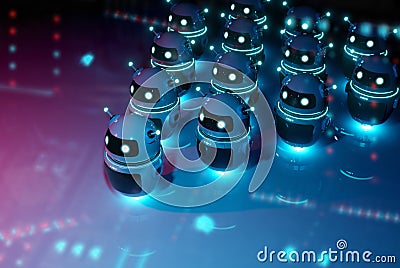 White chatbot robot leading robots group on dark bluish reddish background 3D rendering Stock Photo