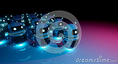 White chatbot robot leading robots group on dark bluish reddish background 3D rendering Stock Photo