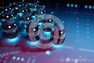 White chatbot robot leading robots group on dark bluish reddish background 3D rendering Stock Photo