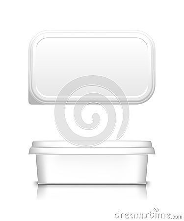 White cheese, butter or margarine container with lid mockup - front and top view. Vector Illustration