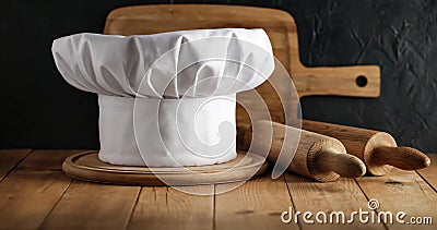 White chef`s hat and wooden table background with kitchen utensils Stock Photo