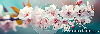 White cherry blossoms on a branch. Delicate Macro shot of almond blossom or sakura close up. Spring flowers of cherries Stock Photo