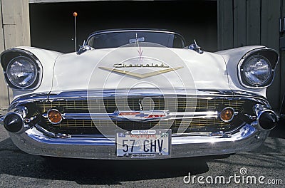 A white 1957 Chevrolet convertible with a Washington license plate reading 57 CHV Editorial Stock Photo