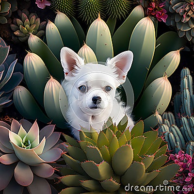 White chihuahua dog in cactus garden. 3d rendering Stock Photo