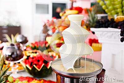 White Chocolate Fountain And Fruits For Dessert At Wedding Table Stock Photo