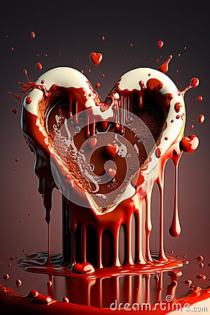 White chocolate heart melting, dripping, oozing, splashing chocolate cream from it. Valentine`s day concept. Ai generative Stock Photo