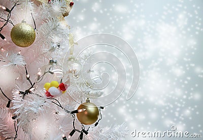 White christmas and balls , pom poms on fir branches with snowing background Stock Photo